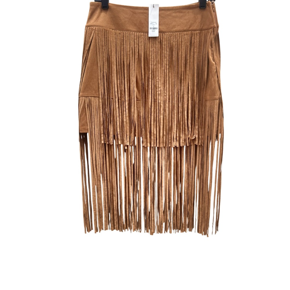 Francescas Brown Faux Suede Tiered Fringe Mini Skirt Western Boho Cognac Small